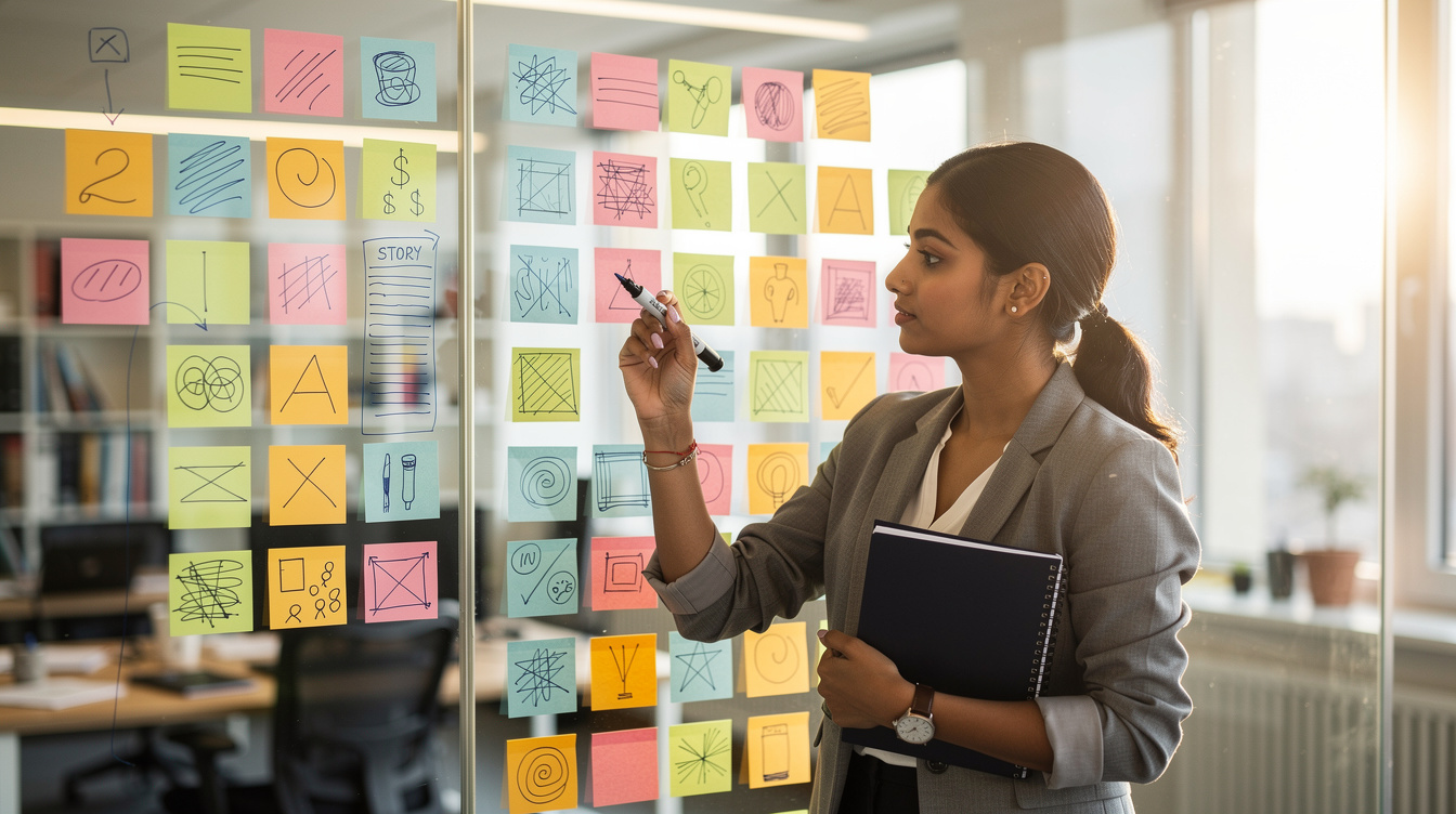 Editor planning an article with sticky notes and a storyboard