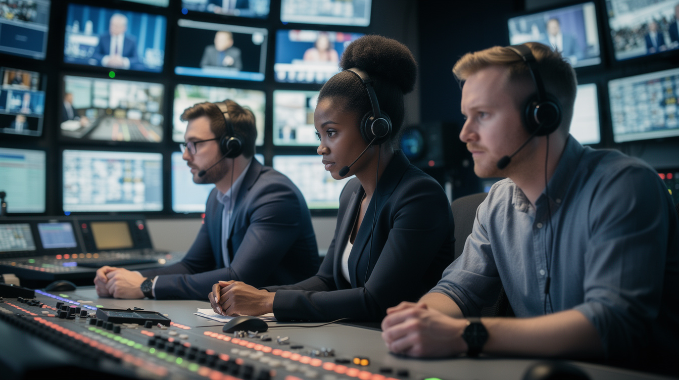 Newsroom coordination team watching monitors in a control room
