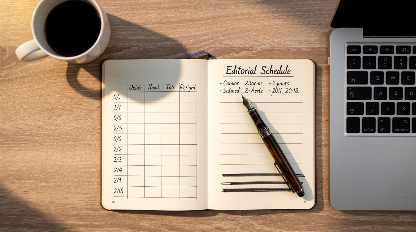 Flat lay of an open planning notebook, pen and coffee cup on a desk