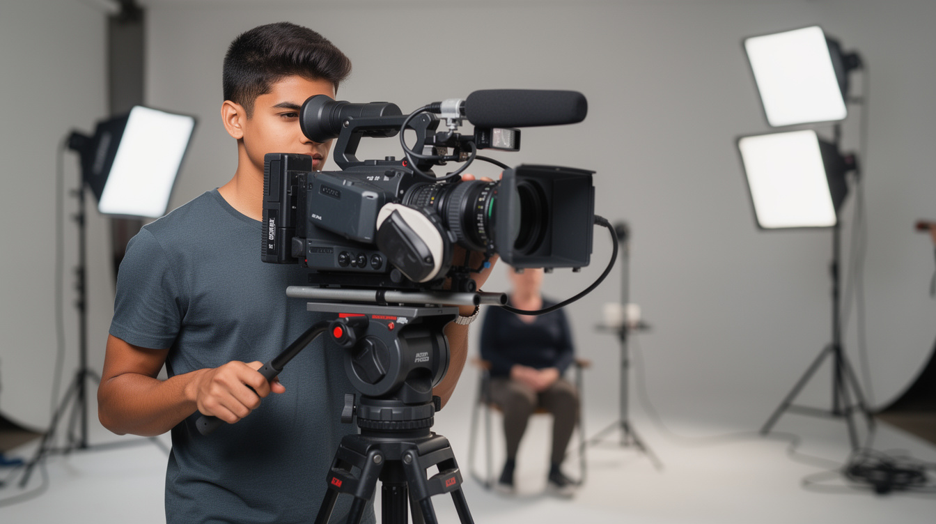 Camera operator filming an interview in a studio