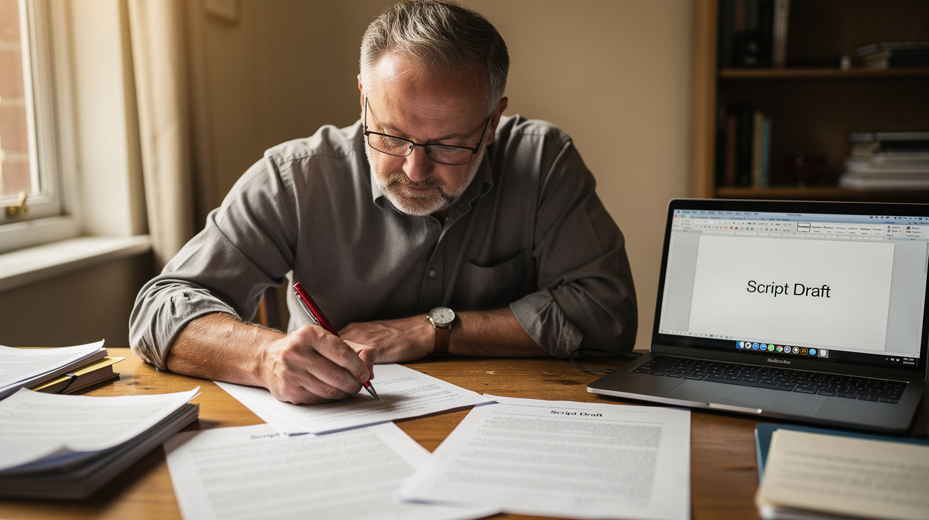 Script editor marking up a manuscript at a desk with a laptop